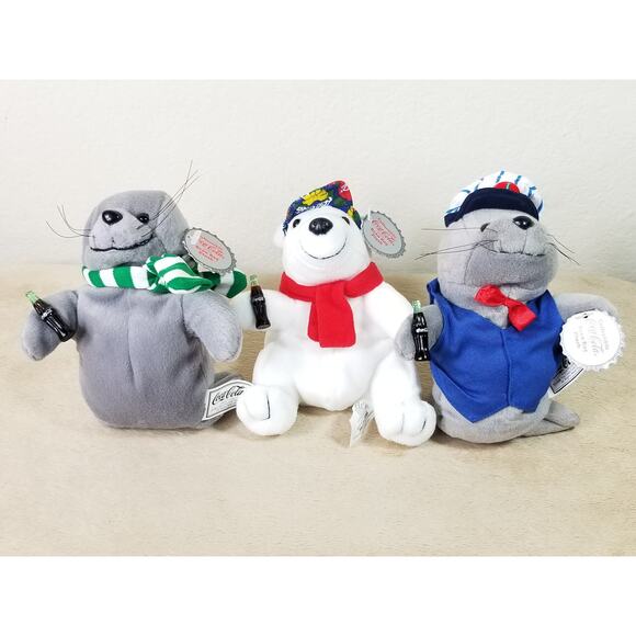Coca Cola Polar Bear Seal Bean Bag Plush 1997 1998 Christmas 8" New Vintage x3 - Picture 1 of 16